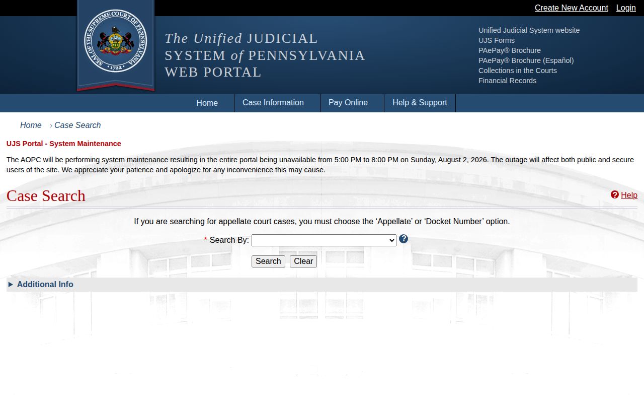 Armstrong County released inmate court record search in Pennsylvania UJS