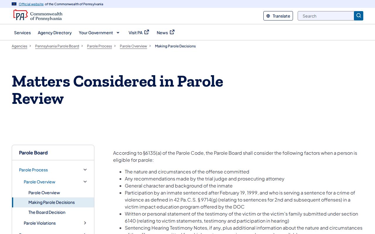 Armstrong County parole decision and post-release supervision process